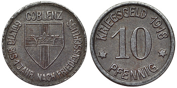Германия, Кобленц 10 пфеннигов 1920 Рейнлянд-Пфальц, нотгельд Funck 80.3 железо 4119-1034