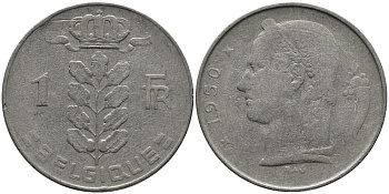 БЕЛЬГИЯ 1 ФРАНК 1950 BELGIQUE KM 142.1 медно-никель 98-614