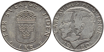 Швеция 1 крона 1980 Карл XVI Густав (1973- ) KM 852 медь плакированная медно-никелем 4397-947