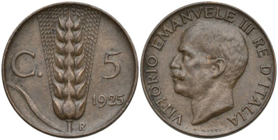 ИТАЛИЯ 5 ЧЕНТЕЗИМО 1925 R, ВИКТОР ЭММАНУИЛ III (1900-1946) KM 59 бронза 4548-1154
