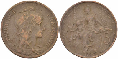 ФРАНЦИЯ 5 САНТИМОВ 1900 ТИП ДАНИЭЛЬ ДЮПЮИ KM 842, LE FRANC 119.9 бронза 108-823