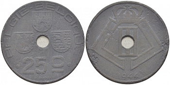 БЕЛЬГИЯ 25 САНТИМОВ 1944 BELGIE-BELGIQUE, ГЕРМАНСКАЯ ОККУПАЦИЯ, ВТОРАЯ МИРОВАЯ ВОЙНА KM 132 цинк 3856-951