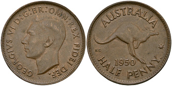Австралия 1/2 пенни 1950 p, Георг VI (1936-1952), кенгуру KM 42 бронза 4132-125