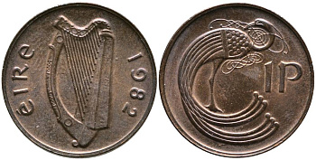 ИРЛАНДИЯ 1 ПЕННИ 1982 ПТИЧКА KM 20 бронза 4525-1121