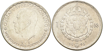 Швеция 1 крона 1946 TS, Густав V (1907-1950) KM 814 серебро UNC 3457-424
