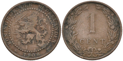 Нидерланды 1 цент 1906 Вильгельмина (1890-1948) KM 132 бронза 4576-662
