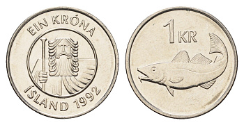 Исландия 1 крона 1992 треска KM 27a сталь плакированная никелем UNC 4687-838