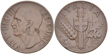 ИТАЛИЯ 10 ЧЕНТЕЗИМО 1938 R, ГОД XVI, МОНДВОР РИМ, ВИКТОР ЭММАНУИЛ III (1900-1946) KM 74 медь 4525-212