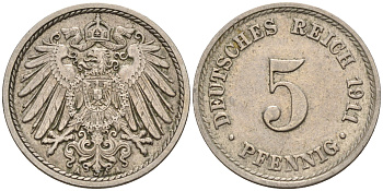 Германия 5 пфеннигов 1911 A KM 11, J. 12, Weege 6 медно-никель    4152-1153