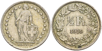Швейцария 1/2 франка 1959 B KM 23 серебро 4608-518