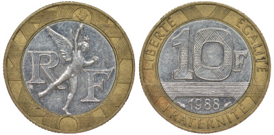 Франция 10 франков 1988 тип Гений Бастилии KM 964.1, Le Frank 375.2 биметалл 45-531