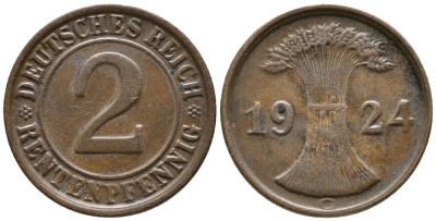ГЕРМАНИЯ 2 РЕНТЕНПФЕННИГА 1924 G KM 31, J. 307 бронза 24-643