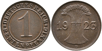 ГЕРМАНИЯ 1 РЕНТЕНПФЕННИГ 1923 D KM 30, J. 306 бронза UNC 413-2014