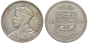 Фиджи 1 флорин 1934 Георг V (1910-1936), герб Фиджи KM 5 серебро 91-1224