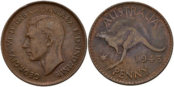 Австралия 1 пенни 1943 Георг VI (1937-1952), кенгуру KM 36 бронза 4599-345
