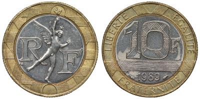 Франция 10 франков 1989 тип гений Бастилии KM 964.1, Le Franc 375.3 биметалл  4128-514
