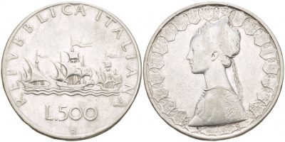 Италия 500 лир 1959 R, корабли Колумба KM 98 серебро 4545-541