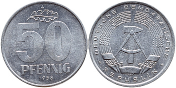 ГДР 50 ПФЕННИГОВ 1958 А KM 12.1 алюминий UNC 76-841