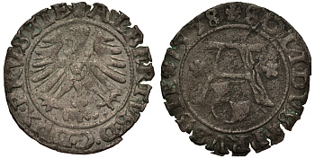 Бранденбург-Пруссия 1 шиллинг 1558 Альбрехт (1526-1568), вес 0,98 гр. серебро 1516-244