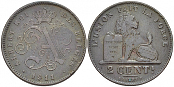 БЕЛЬГИЯ 2 САНТИМА 1911 BELGES KM 64 медь 110-212