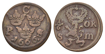 Швеция 1/6 эре 1666 Карл XI (1660-1697) KM 254 медь 59-244