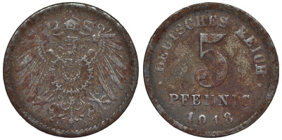 Германия 5 пфеннигов 1918 J KM 19, J. 297, Weege 5 железо 4118-1154