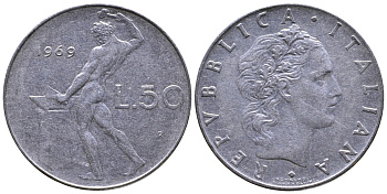 ИТАЛИЯ 50 ЛИР 1969 R, КУЗНЕЦ KM 95.1 сталь 59-2021