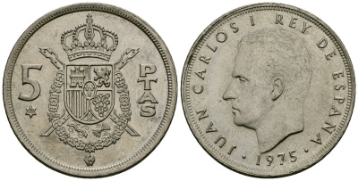 Испания 5 песет 1975 (80) Хуан Карлос I (1975-2014) KM 807 медно-никель 4138-1054