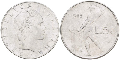 ИТАЛИЯ 50 ЛИР 1965 R, КУЗНЕЦ, ВУЛКАН БОГ ОГНЯ, ДИАМЕТР 25 ММ. KM 95.1 нержавеющая сталь 4402-1215