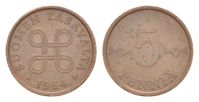 Финляндия 5 пенни 1964 KM 45 медь 4647-254