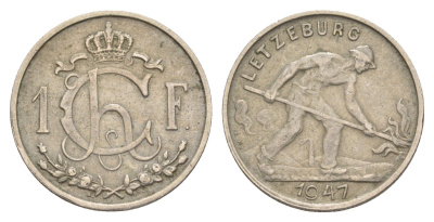 Люксембург 1 франк 1947 Шарлотта (1918-1964), сталевар KM 46.1 медно-никель 34-826