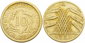 ГЕРМАНИЯ 10 РЕЙХСПФЕННИГОВ 1925 A KM 40, J.317 алюминиевая бронза 3996-1165