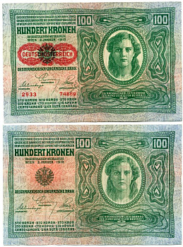 Австрия 100 крон 1912 (1919) красная надпечатка на Pick 12, на аверсе Pick 56 a бумага 7146-3-3