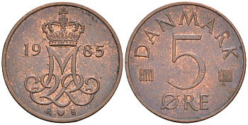 Дания 5 эре 1985 Маргрете II (1972- ) KM 859 бронза 4580-269