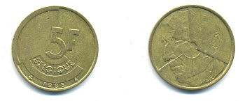 БЕЛЬГИЯ 5 ФРАНКОВ 1986 BELGIQUE KM 163 латунь или алюминевая бронза 176-914