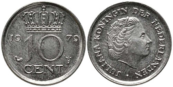 Нидерланды 10 центов 1970 Юлиана (1948-1980) KM 182 никель 112-738