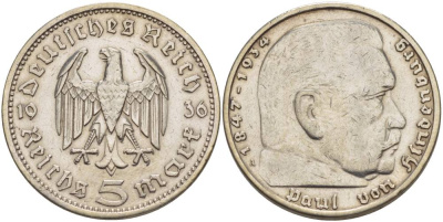 Германия 5 рейхсмарок 1936 А, Пауль фон Гинденбург (1847-1934) KM 86, J. 360 серебро 4542-1241