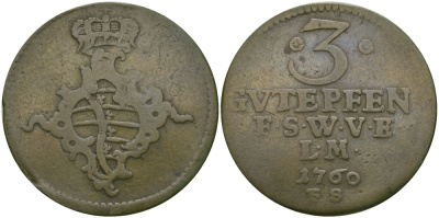 Саксен-Веймар-Эйзенах 3 пфеннига 1760 FS, Анна Амалия Брауншвейгская (1758-1775) KM 34, Koppe 593, Slg. Merseburger 3999 медь 65-557