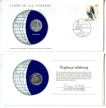 Сан-Марино 10 лир 1974 конверт с маркой первого дня гашения, Coins of Nations KM 33 алюминий UNC 4294-55-2