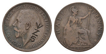 Великобритания 1/2 пенни 1917 Георг V (1910-1936) KM 809, Spink 4056 бронза 4700-1211