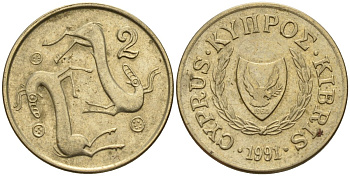 Кипр 2 цента 1991 KM 54.3 никель латунь 4174-1251