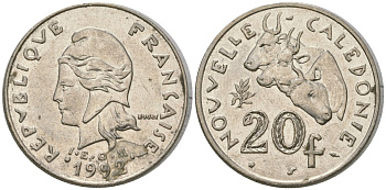 Французская Новая Каледония 20 франков 1992 три быка, (IEOM) KM 12, Schoen 14, Lec 115 никель 4131-313