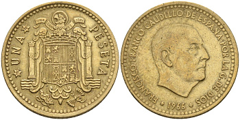 Испания 1 песета 1966 (70) Франсиско Франко (1939-1975) KM 796 алюминиевая бронза 4604-133