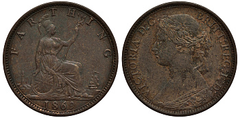 Великобритания 1 фартинг 1869 Виктория (1837-1901) KM 747.2, Spink 3958 бронза 4114-741
