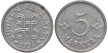Финляндия 5 марок 1954 KM 37а никелированное железо UNC 3334-1168