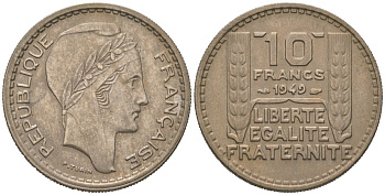 Франция 10 франков 1949 тип Пьер Турин KM 909, Le Franc 362 медно-никель 4582-253