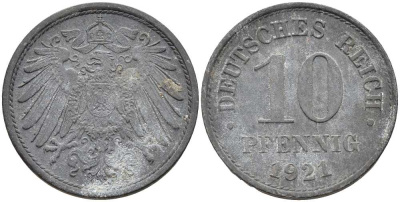 ГЕРМАНИЯ 10 ПФЕННИГОВ 1921 KM 26, J. 299 цинк 4401-214