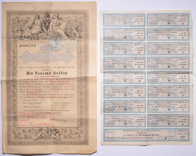 АВСТРО-ВЕНГРИЯ ОБЛИГАЦИЯ НА 1000 ГУЛЬДЕНОВ 1868 С КУПОНАМИ бумага 5518-5