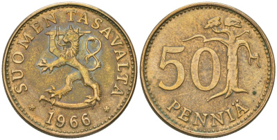 Финляндия 50 пенни 1966 S KM 48 алюминиевая бронза aUNC 4586-534