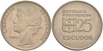 Португалия 25 эскудо 1980 первый год KM 607а медно-никель 4557-1112